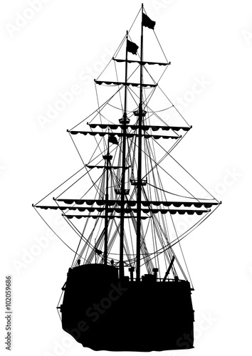 Silhouette of sailing ship on white background