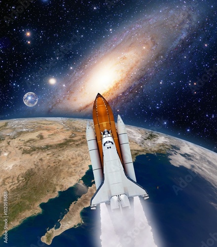 Fototapeta Naklejka Na Ścianę i Meble -  Shuttle rocket ship launch milky way galaxy planet moon space. Elements of this image furnished by NASA.