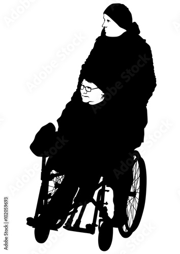 Silhouettes woman in wheelchair on white background