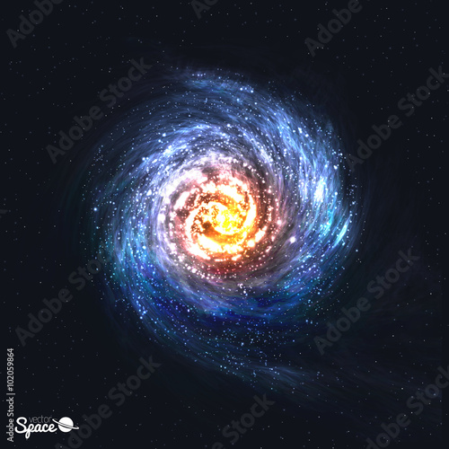 Colorful Realistic Spiral Galaxy on Cosmic Background. Vector illustration.