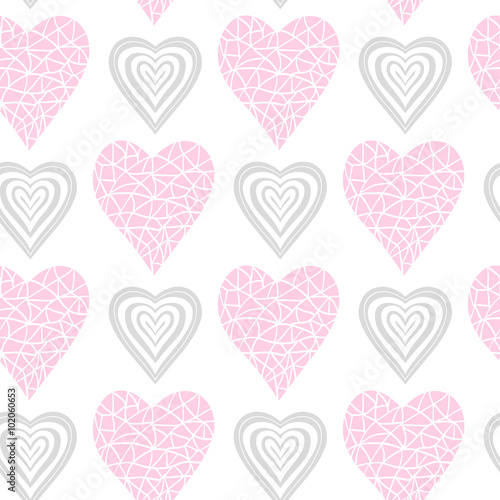 Vector Seamless Pattern with pink and gray heart icon isolated on a a white backgraund for site wab page womens blog