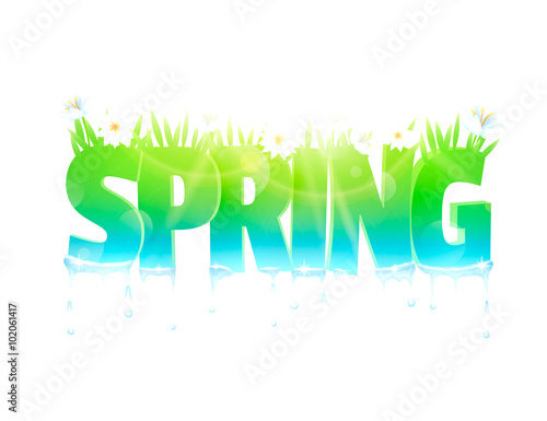 Spring word with flowers and grass.