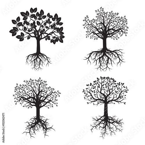Black Tree and Roots. Vector Illustration.