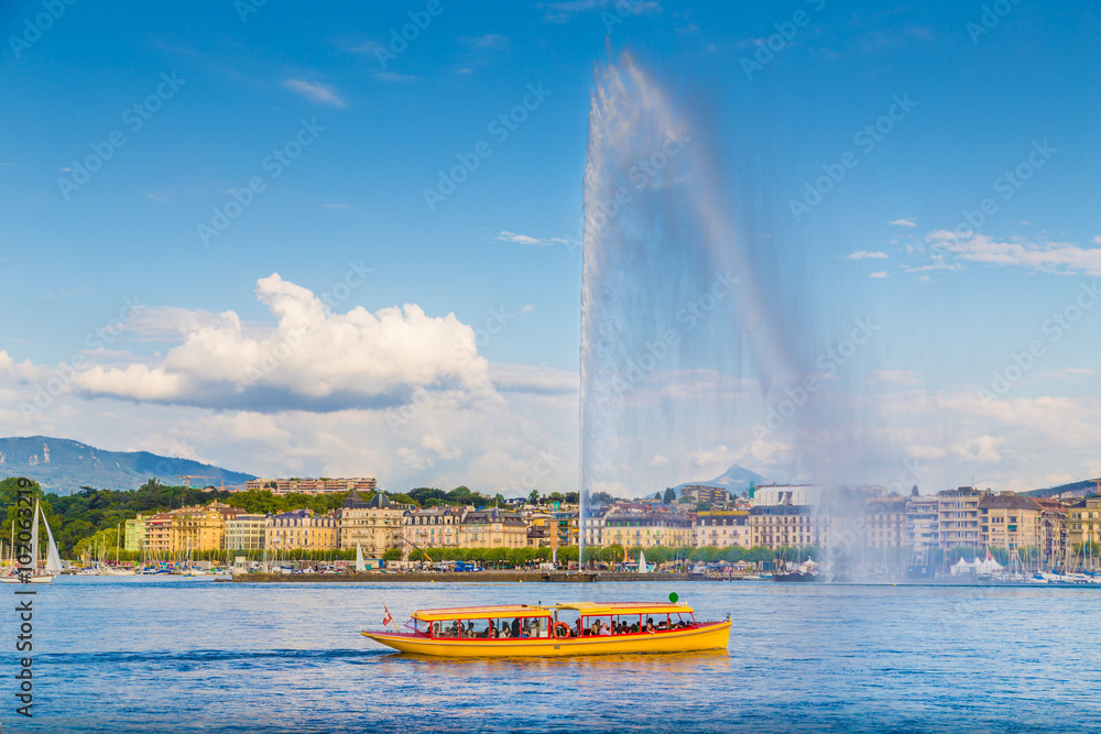 City of Geneva with famous Jet d'Eau fountain, Switzerland