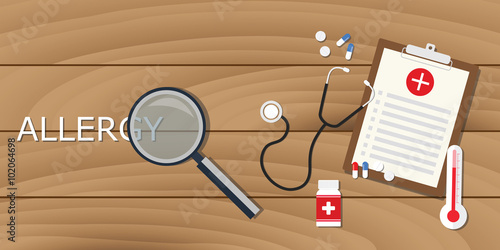 allergy concept with magnifying glass and medical record clipboard drugs vector