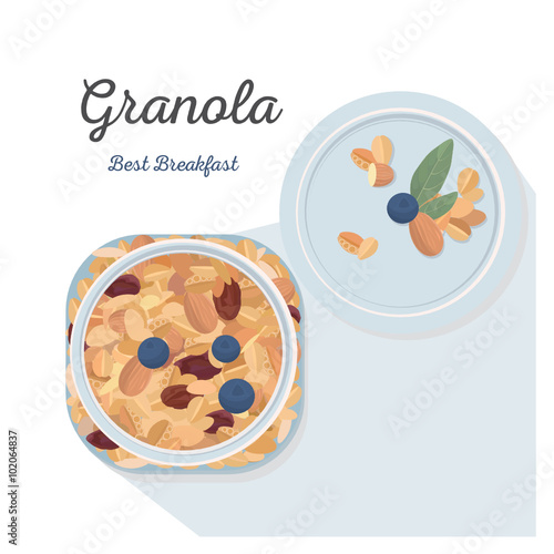 A jar of granola with blueberries, healthy breakfast. Vector illustration.