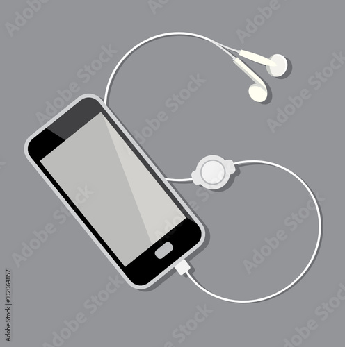 Black Smartphone with plugged in headphones. Vector illustration.
