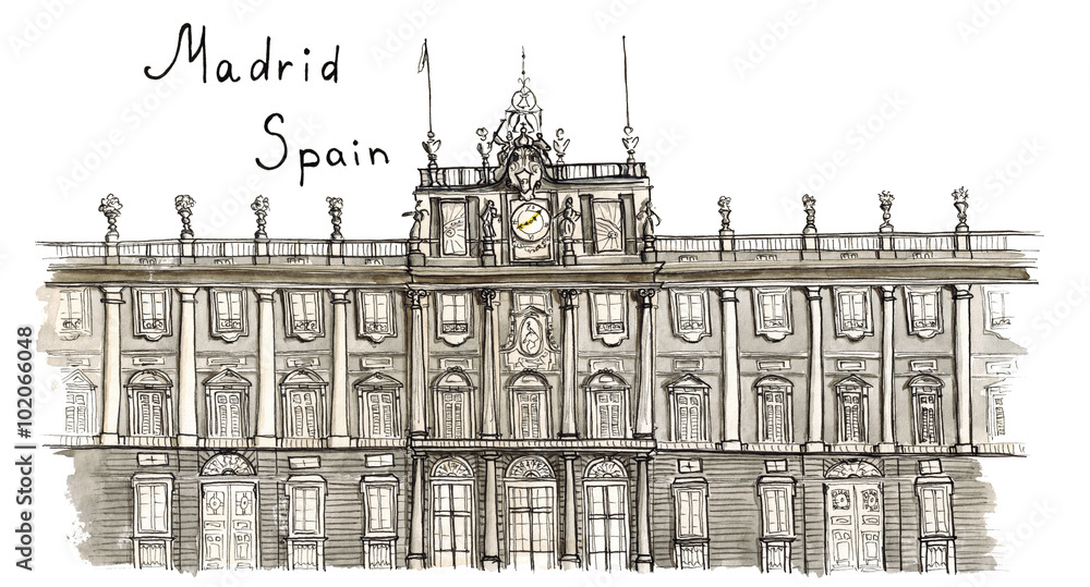 Watercolor Sketch hand drawn Madrid Spain Palacio Real isolated
