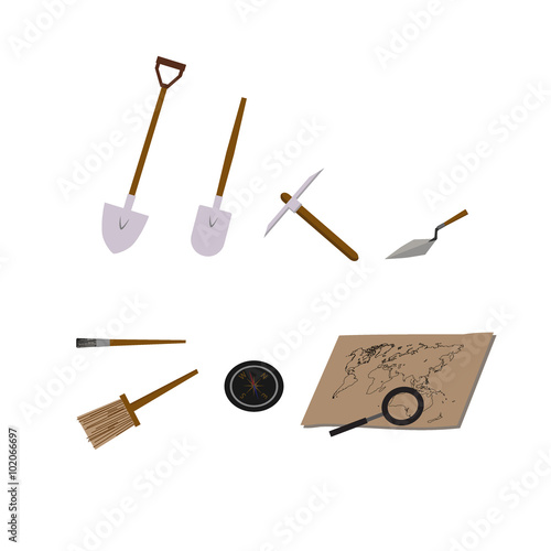 Archeology vector illustrations. Archeology vector symbols. Archaeologist , map, magnifier, compass, shovel, pick, skull, brush vector symbols. Eps10 illustrations.