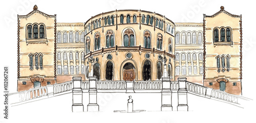 Watercolor Sketch Norway Oslo Stortinget isolated
