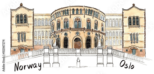Canvas Print Watercolor Sketch Norway Oslo Stortinget isolated