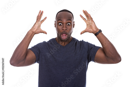 handsome black man shocked with excitement