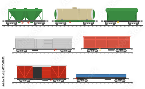 Essential Trains. Collection of freight railway cars. Isolated on white background. Vector illustration