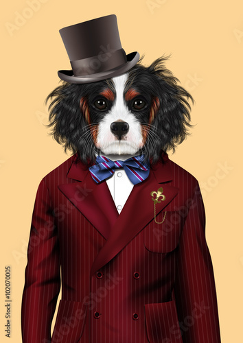 Dog dressed up in red tuxedo and hat