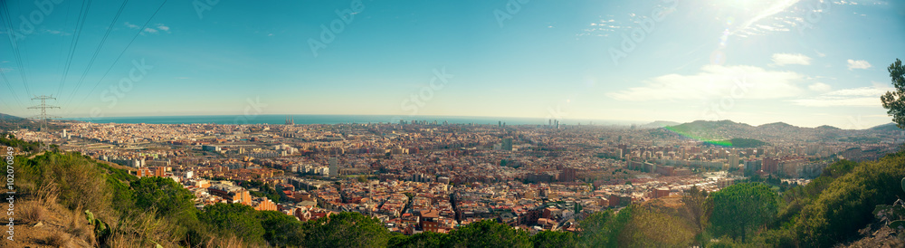 View of Barcelona and Badalona from observation deck Torre Baro. Barcelona, Catalonia, Spain.