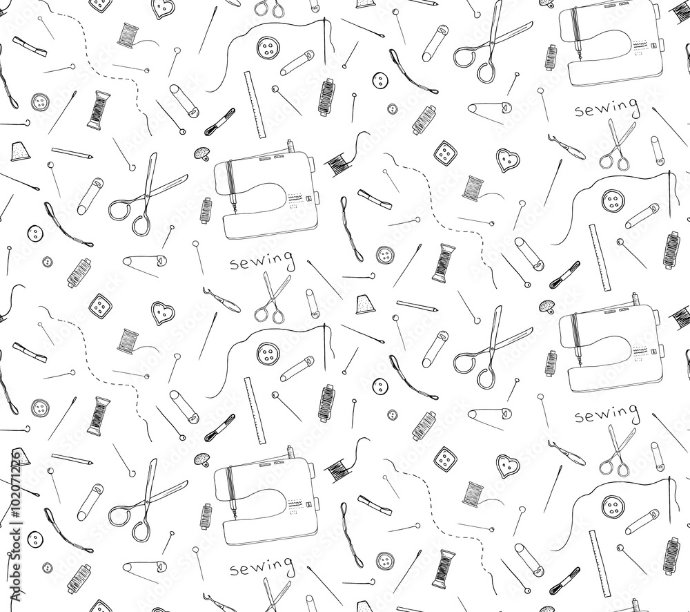 Hand drawn sketch seamless pattern sewing accessories vector