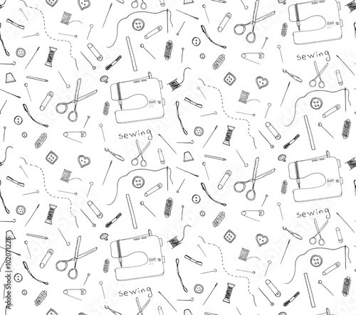 Hand drawn sketch seamless pattern sewing accessories vector