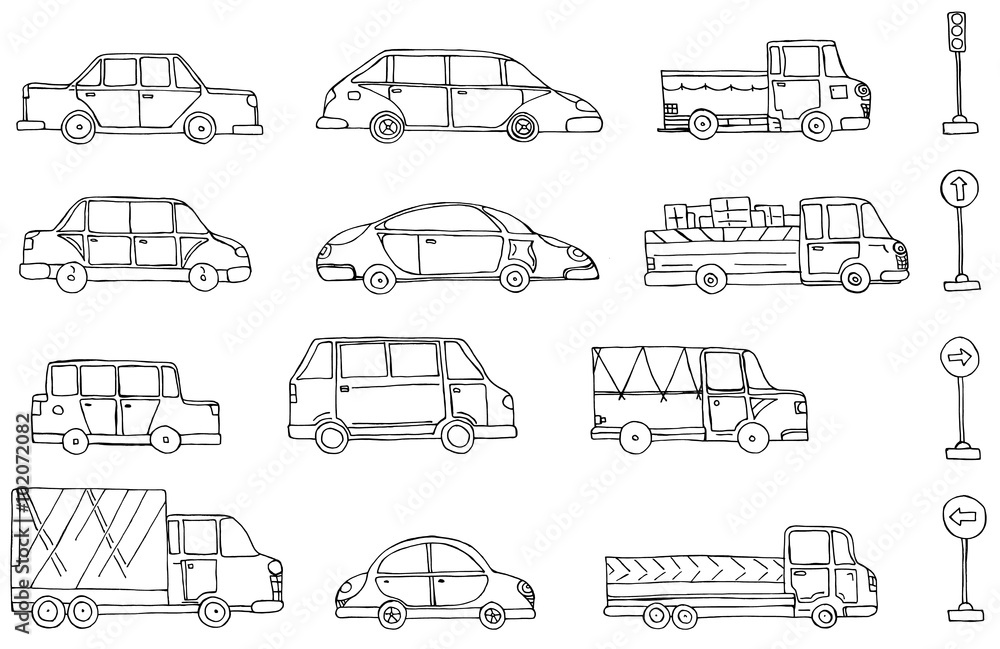 Cartoon Hand Drawing Cars With Traffic Lights And Road Signs Set