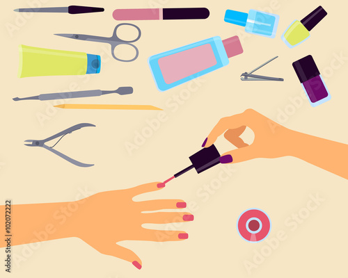 Top view of the workplace manicurist. Vector illustration 