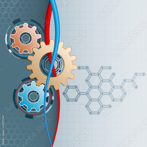 Abstract, design template for industry background with shapes of colorful gears and  hexagonal web; Space for text
