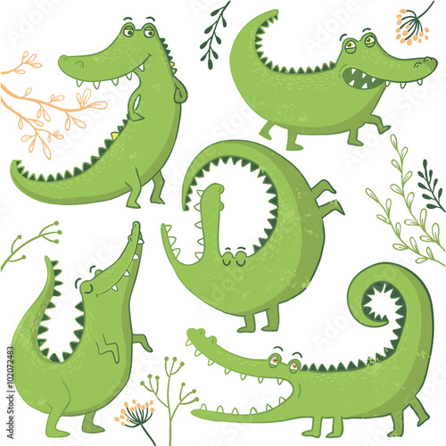 Set of funny hand drawn crocodiles.