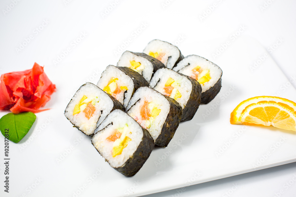 Salmon and caviar rolls served on a plate Salmon and caviar rolls served on a plate