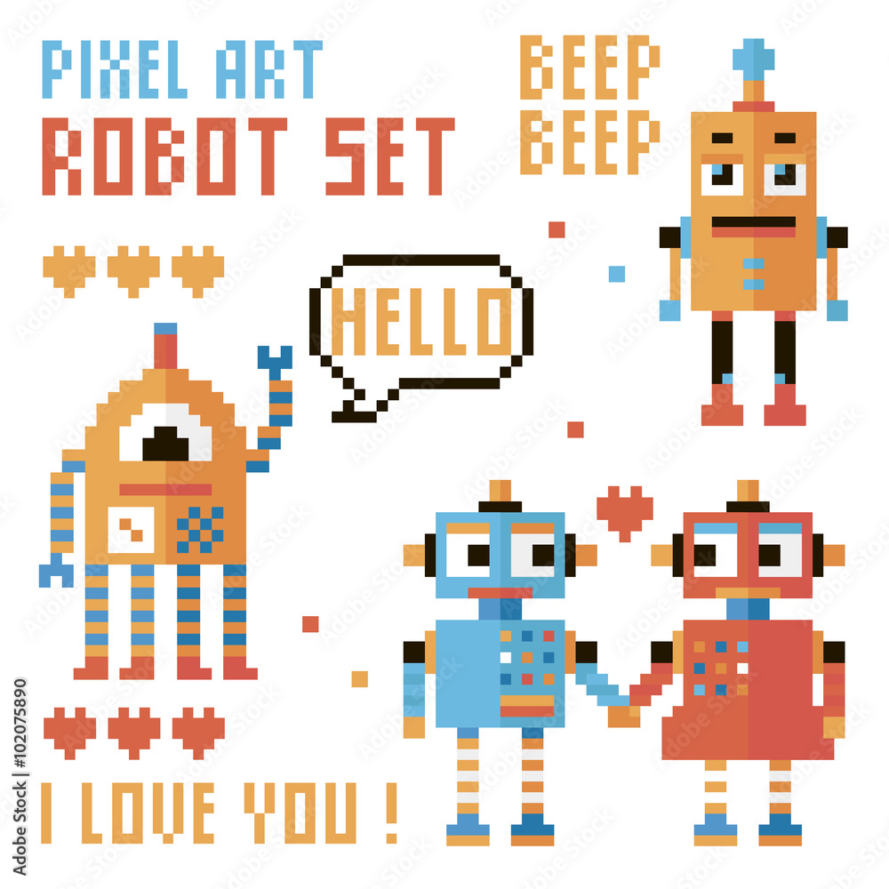 Set of pixel robots, words, hearts. Set of pixel robots, words, hearts.
