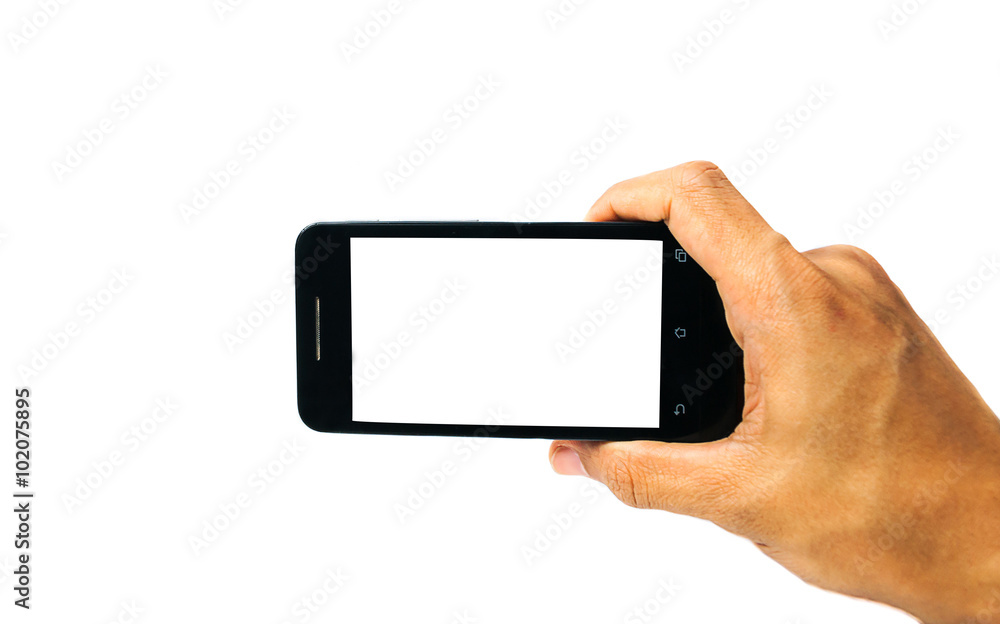 Mobile phone blank screen in hand isolated on white background Mobile phone blank screen in hand isolated on white background