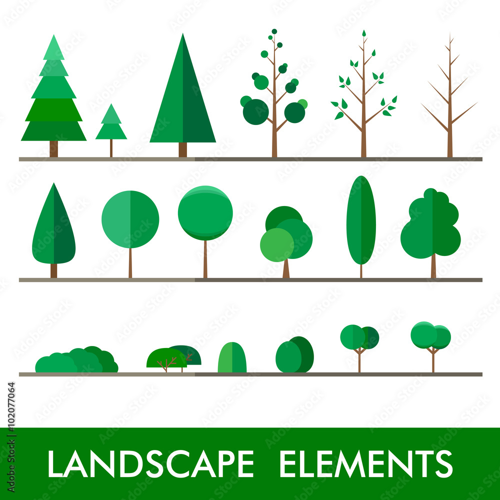 set of flat elements trees and grass including pine and deciduou