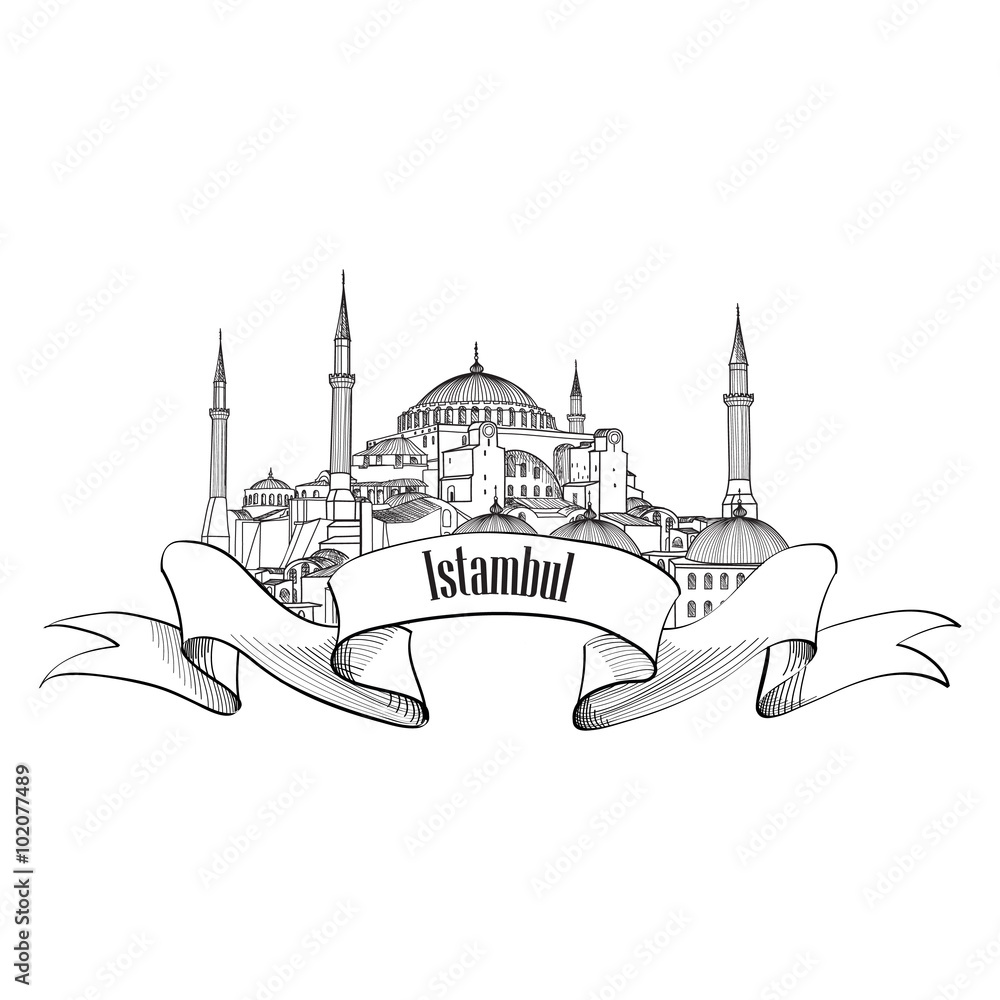 Istanbul label. Travel Turkey famous palace  symbol. Hand drawn landmark Hagia Sophia