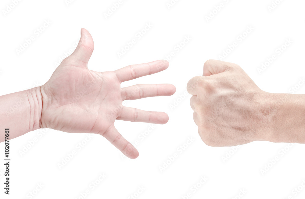 Hands playing paper rock scissors Isolated on a white background