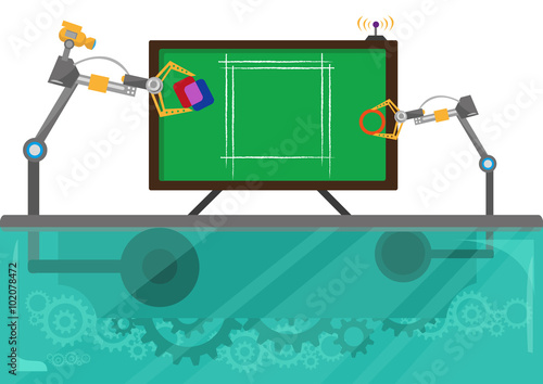 Business Planning, Education or Collaboration concept. Robot Hands works together to Redesign a Logo, produce a new product or draw an architectural project. Editable Clip art.
