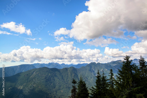 mountains chain covered of a forest of pines trees during a sunny day with cloud in the rocky mountains of british columbia close to vancouver in canada