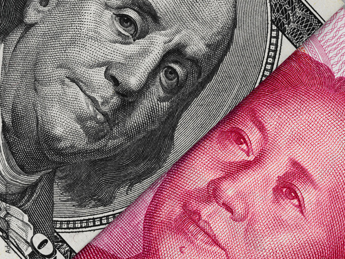 Photography US dollar bill and China yuan banknote macro, Chinese and USA economy finance bu