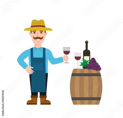 winemaker with wine glass wooden wine barrel wine bottle grapes bunch isolated on white background
