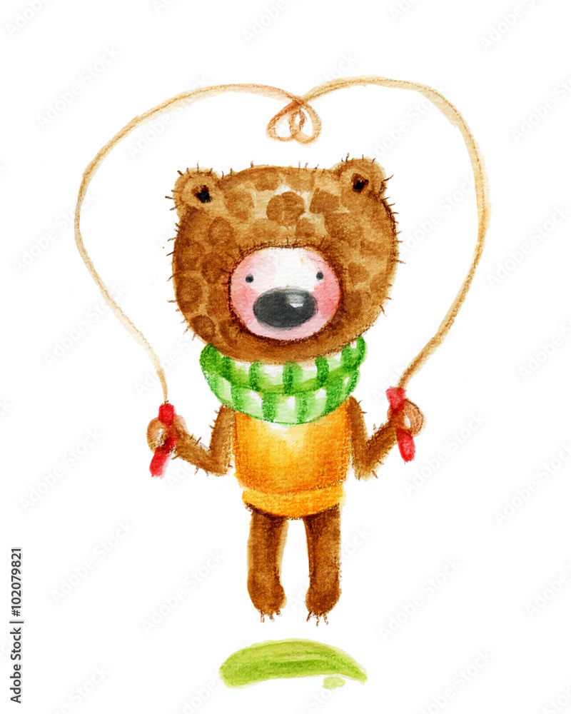 Teddy bear jumping with a jump rope. Watercolor illustration Teddy bear jumping with a jump rope. Watercolor illustration