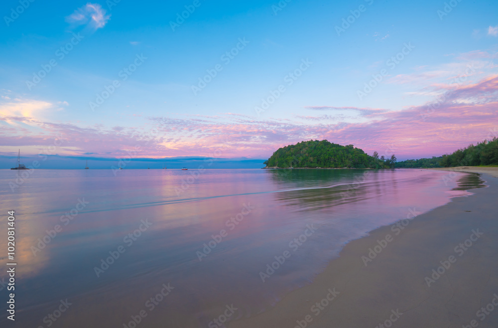 Beach with Blue & Pink Sky.