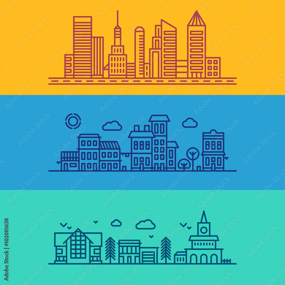 Set of Flat Style Line Art Vector Illustrations for Modern Buildings and Skyscrapers
