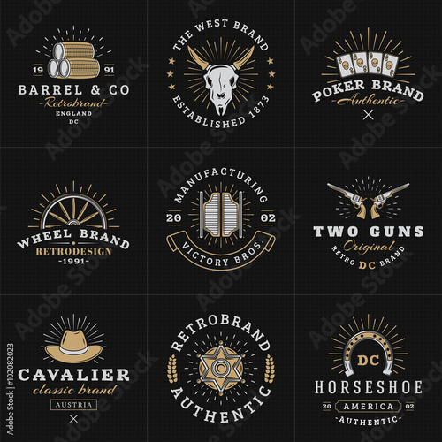 Set of Hipster Vintage Labels, Logotypes, Badges for Your Business. Wild West Theme. Barrel, Scull, Cards, Wheel, Saloon, Gun, Hat, Sheriff. Vector Illustration on Dark Textured Background