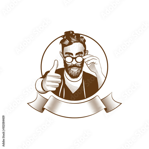 stylish man is looking above the glasses and taking his finger up. vintage style