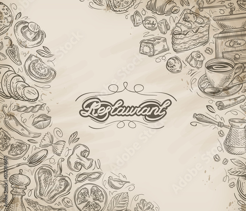 Restaurant, cafe vector menu design template. Hand-drawn food and drinks