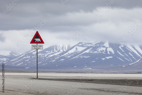 Warning sign polar bears, Spitsbergen, Svalbard, Norway photo