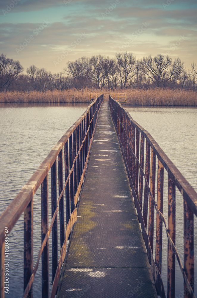 Naklejka premium Narrow steel bridge over autumn lake