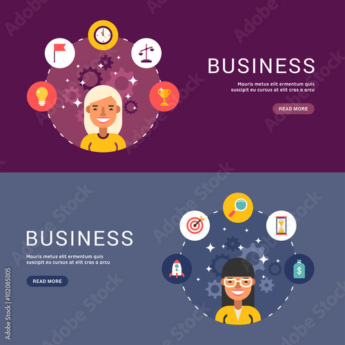 Flat Design Concept for Web Banners. Business Icons and Objects in the Shape of Circle. Female Businessman Cartoon Characters. Vector Illustration in Flat Design Style