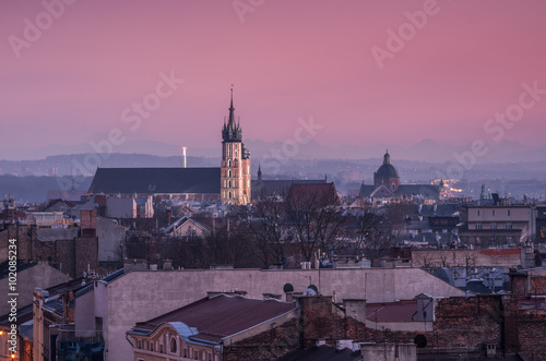 Krakow, Poland, St Mary's church over old town in the evening © tomeyk