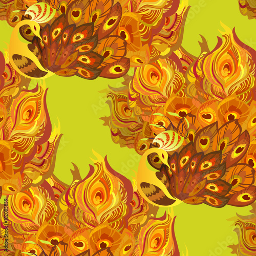 Peacock bird with fully fanned golden orange tail.