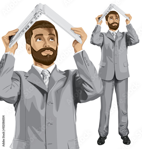 Vector Business Man Hides Under The Laptop