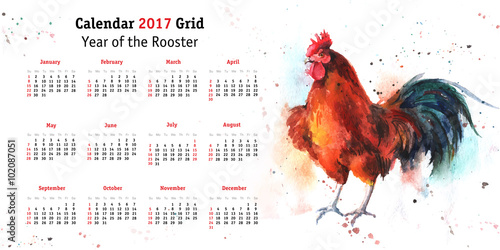 Calendar grid 2017 with hand-drawn watercolor rooster