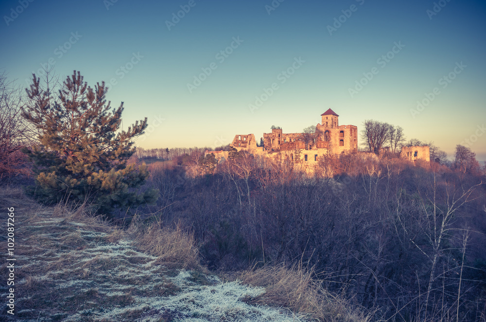 Ruins of medieval castle Teczyn in Rudno, Poland, in the evening, vintage photo