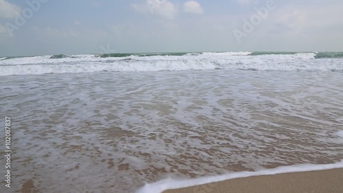 Waves in the ocean and sand on the beach.
